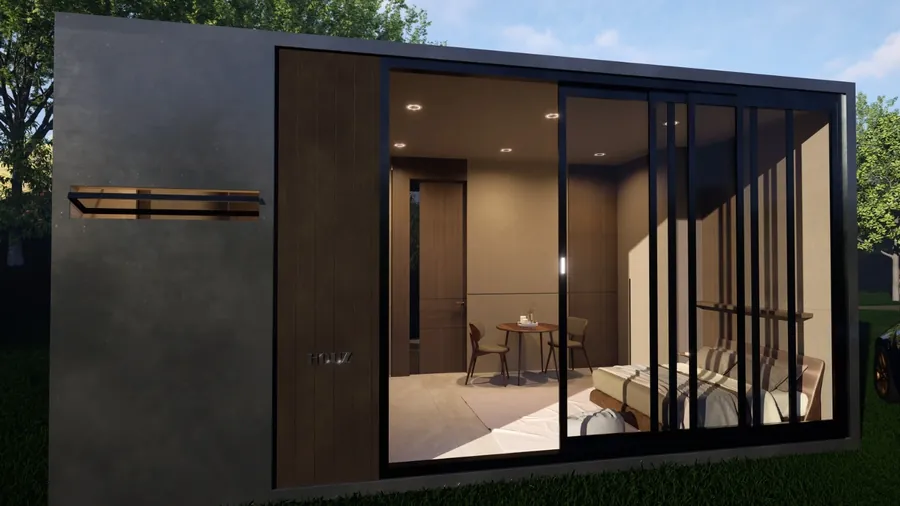 Cabin Design render: timber-and-glass cabin