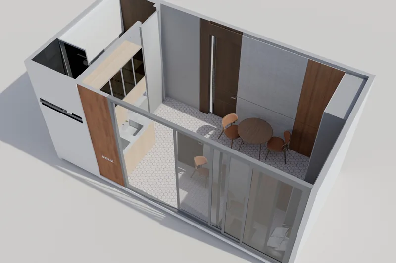 Cabin Design, path-traced render. Roof lifted: bath, kitchenette and dining