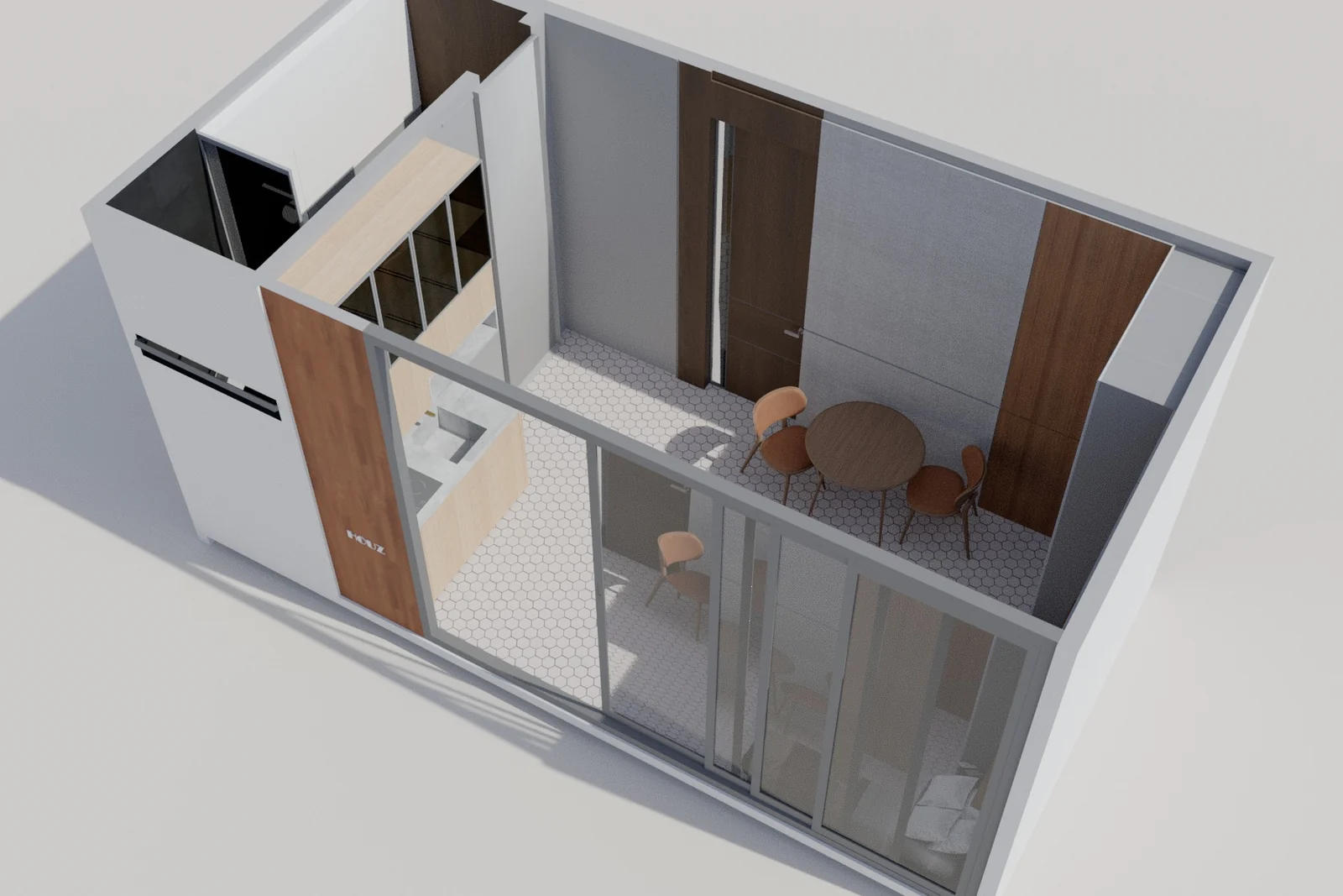 Cabin Design with the roof lifted away, showing the bath, kitchenette and dining area