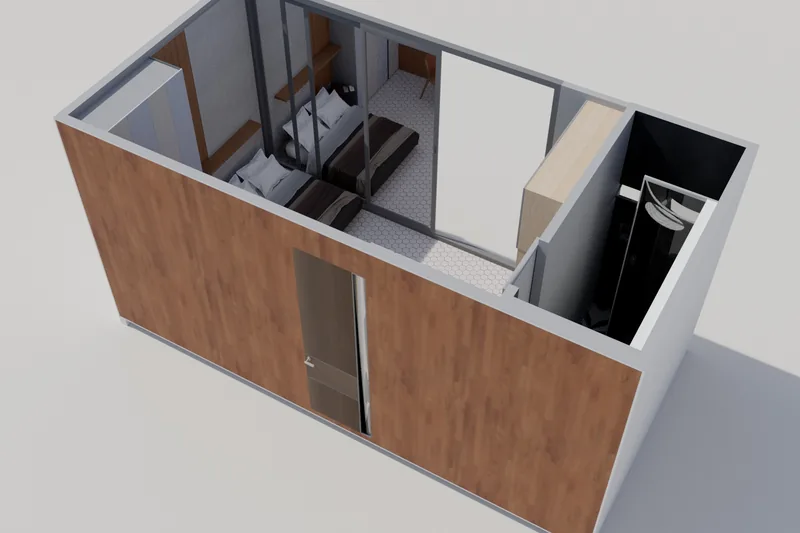 Cabin Design, path-traced render. From the entrance side: bedroom, bath and timber façade