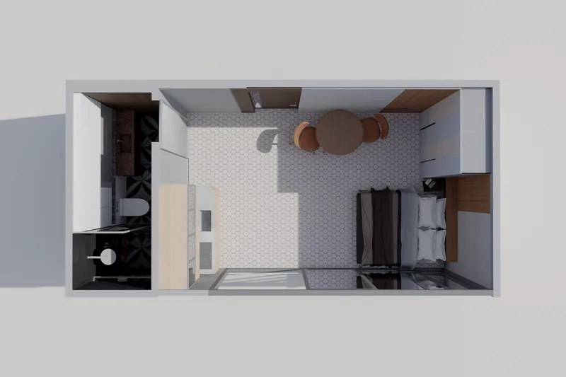 Cabin Design, path-traced render. Furnished plan, roof lifted