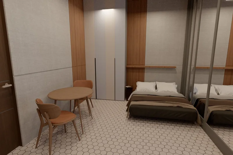 Cabin Design, path-traced render. Eye level: dining nook, wardrobe and bed