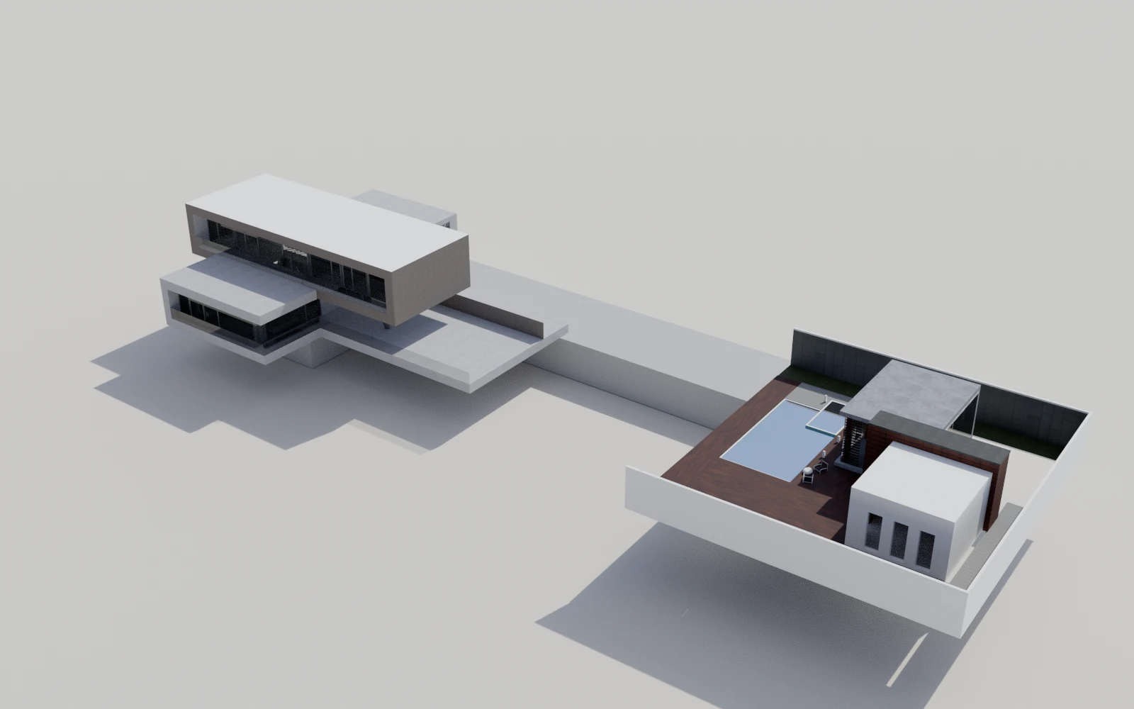 Modern Home Concept, path-traced overview of the main house, walkway and pool pavilion