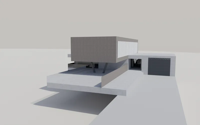 Modern Home Concept, path-traced render: Approach along the walkway